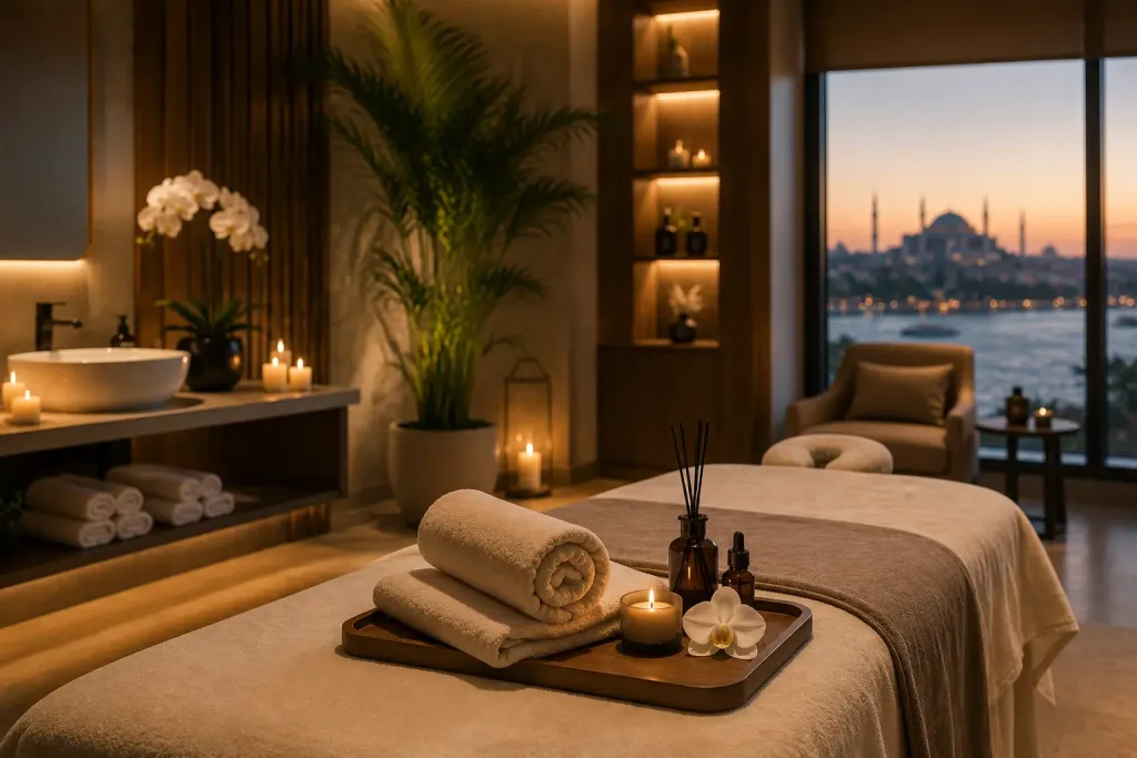 Masaj öncesi özenle hazırlanmış sıcak havlular ve aromatik yağlar
